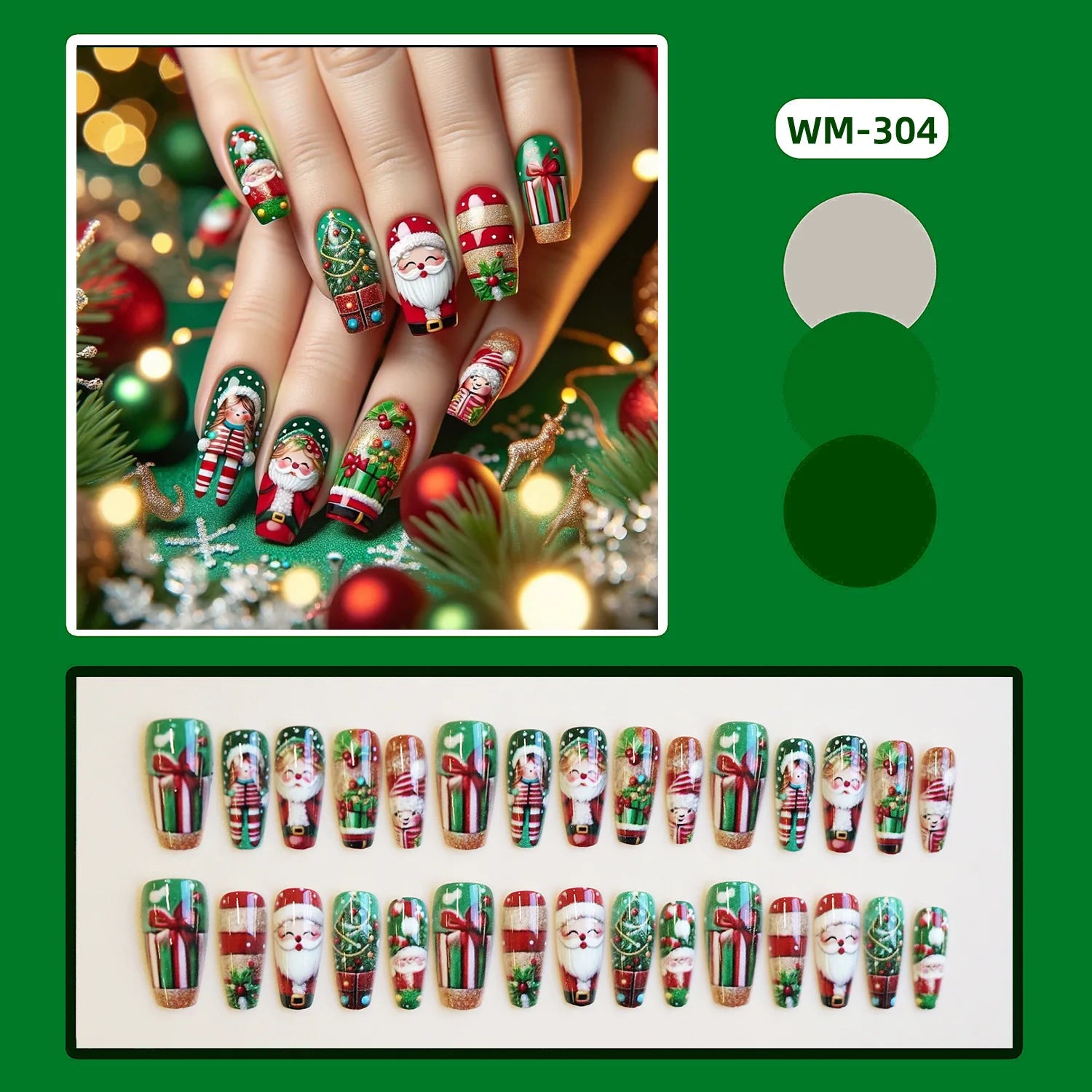 2025 Merry Chrismas Press on Nails Cute Snowman Elk Santa Claus Print Fake Nail Tips Wearable Long Coffin False Nails for Girls