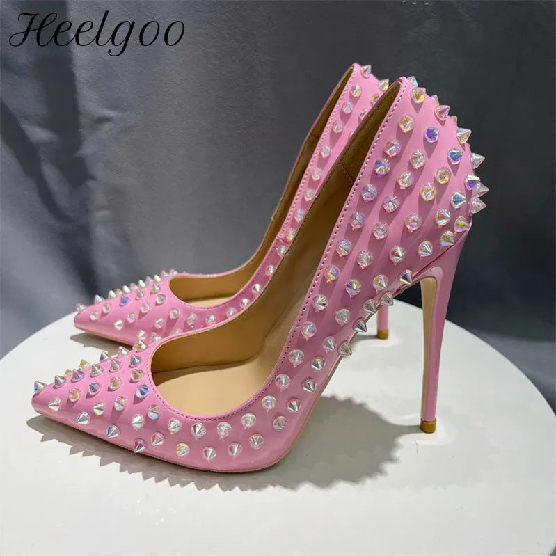 Heelgoo Spikes Women Patent Pink Pinky Toe Toe Sexy High Hat Party Shoes Rivets Studs Ladies Slip on Stiletto Pumps 8-12cm