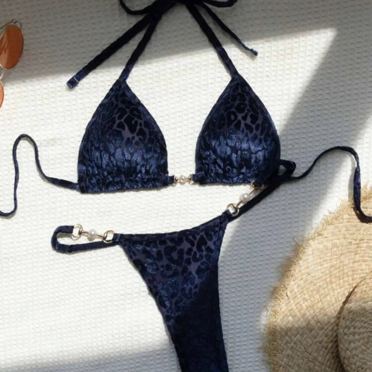 Sexy Leopard Print Glossy Bikini Women's 2-piece Thong Swimwear Suspender Lace-up Low Waist Backless Bathing Suit Beachwear