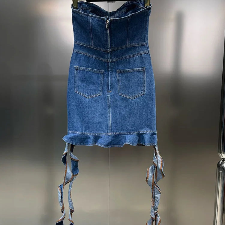 DEAT Line Up Waist Pocket Spiral Decoration Trendy Denim Dresses For Women Strapless Back Zipper Dress Spring 11XX3821