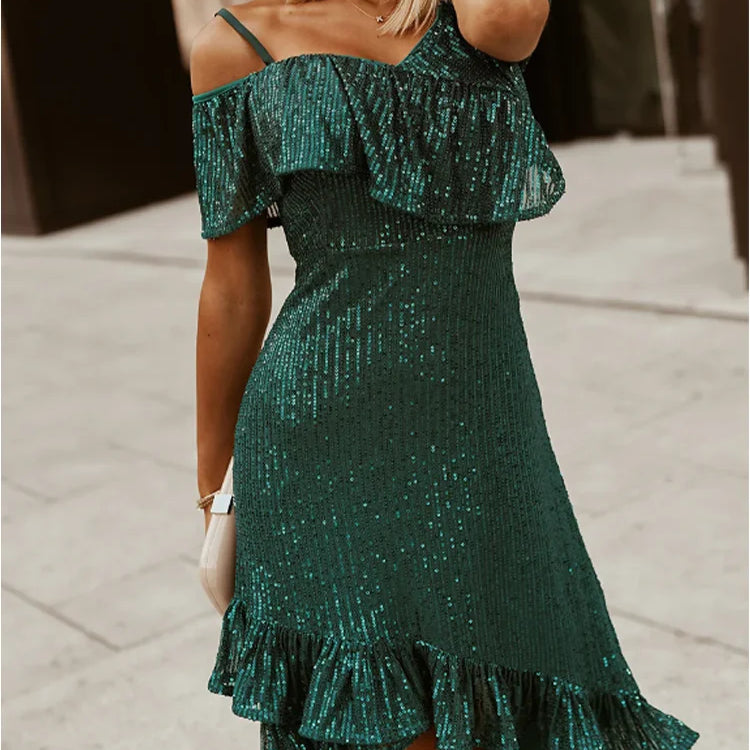 Plus Size Women's Slim Fit Green Off Shoulder Sequin Dress Ruffle Irregular Hem Dresses Summer Sexy V Neck Party Dress Vestidos green