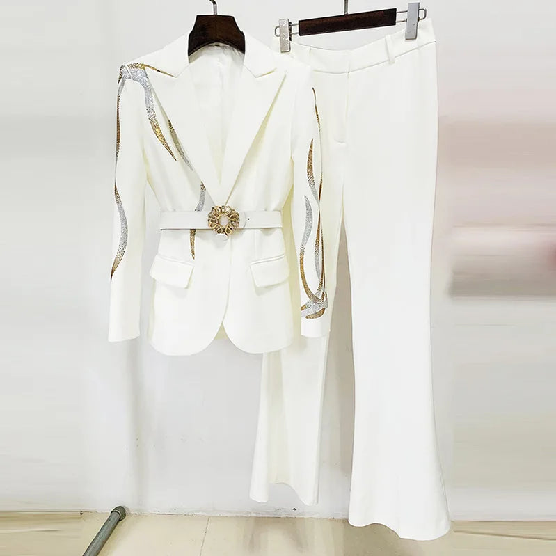 TWOTWINSTYLE Solid Slimming Two Piece Sets for Women Lapel Long Sleeves Patchwork Hot Fix Top High Waist Flared Pant Set Female