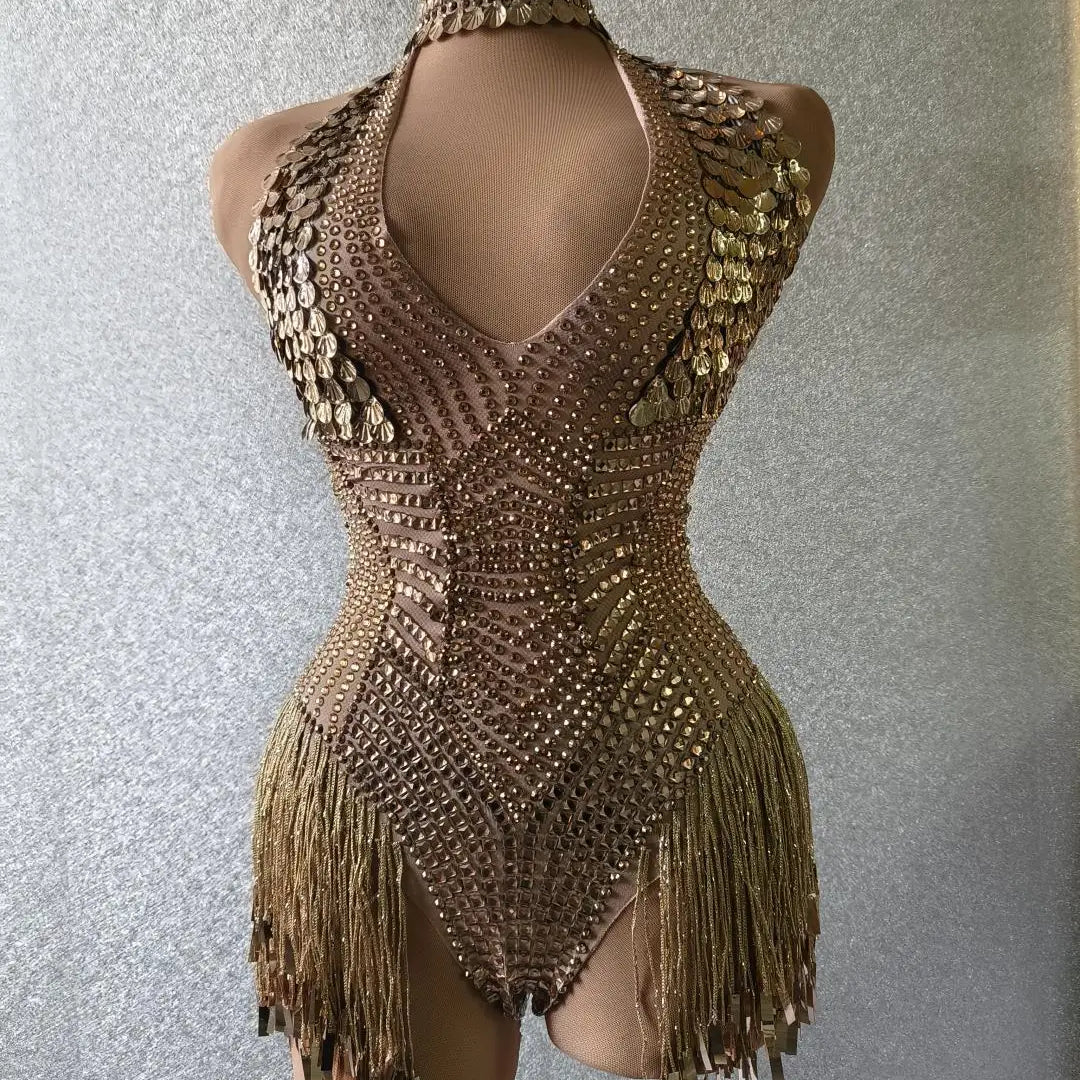 Sparkly Golden Shell Tassel Sexy Bodysuit for Women Bar Nightclub Stage Show Outfit Sexy girls Deep V Neck Bodysuit Jinbaobei