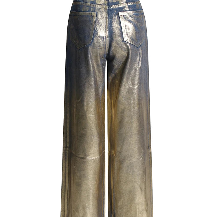 Colorblock Casual Loose Pants For Women High Waist Spliced Button Streetwear Straight Leg Pant Female Fashion