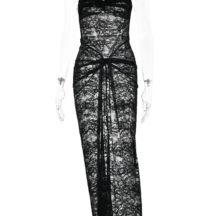 JULISSA MO Women Strapless Backless Sexy Dress Lace Hollow Out Ruched Off Shoulder Midi Dress Ladies Chic Slim Outfits 2023 Black