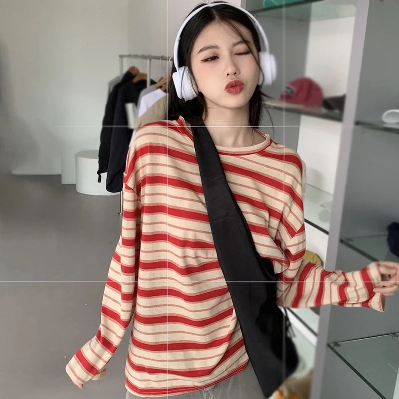 T-shirts for Women Streetwear Woman Clothing Y2k T-shirts Korean Fashion Striped Long sleeve T-shirts Student Tops R