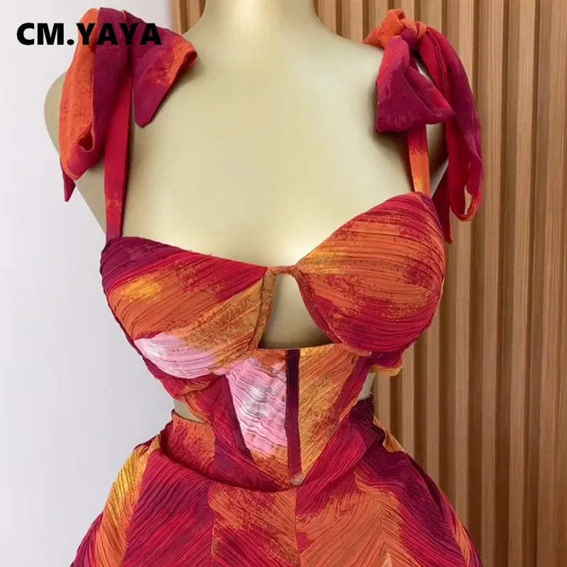 CM.YAYA Fashion Printed Women Long Dresses Beach Holiday Street Bowknot Crop High Waist Big Swing Fake 2 Piece Party Dress 2025