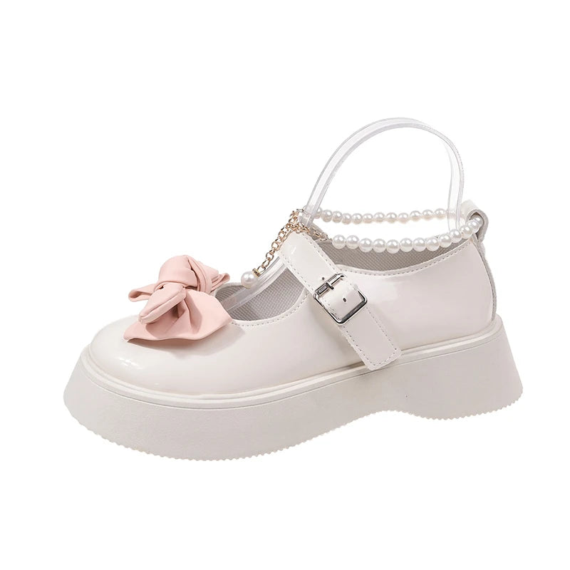 Autumn Girl Elegant Single Shoes Ribbon Bow Sweet Children Princess Shoes Fairy Kids Leather Shoe School Black Mary Janes creamy white