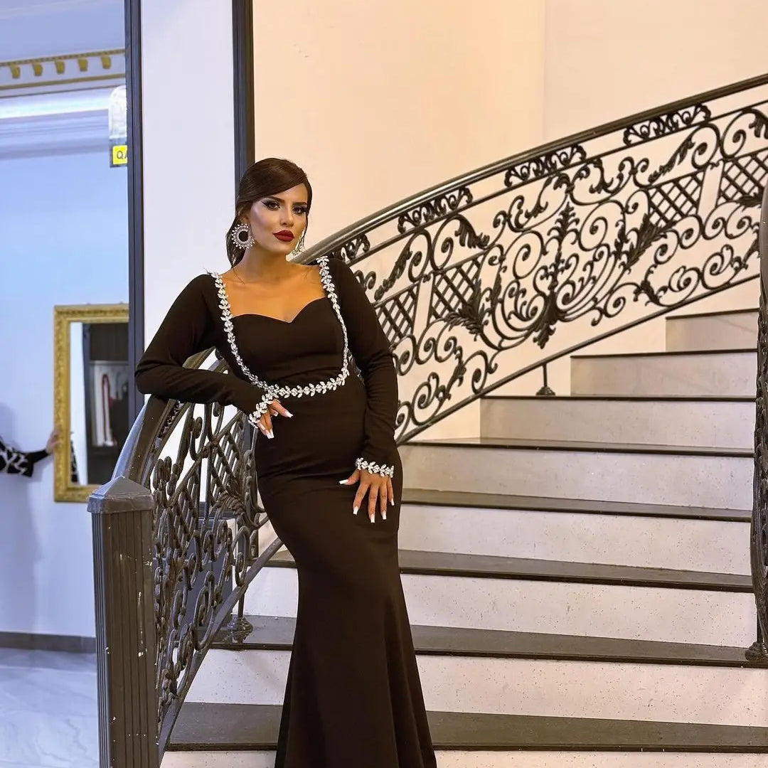 Spring Women Long Sleeve Square Collar Sparkly Crystal Bodycon Long Bandage Dress Celebrate Evening Party Outfit