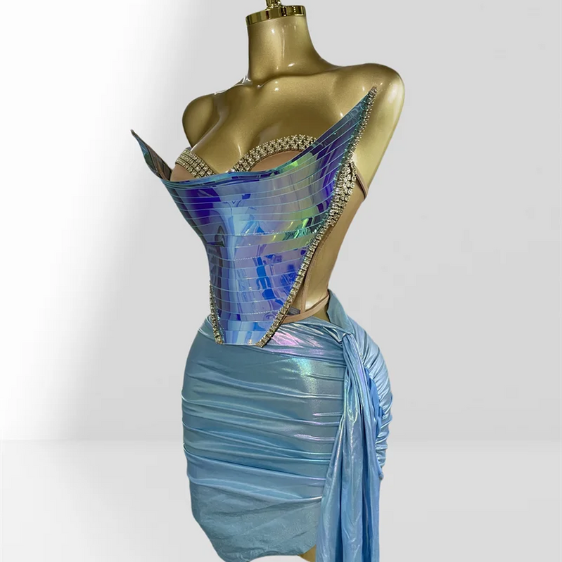 Fashionable Mirror Luxurious Rhinestone Lace -up Top And Mini Skirt Set 2 Pieces Woman Birthday Vestido Music Festival Outfit