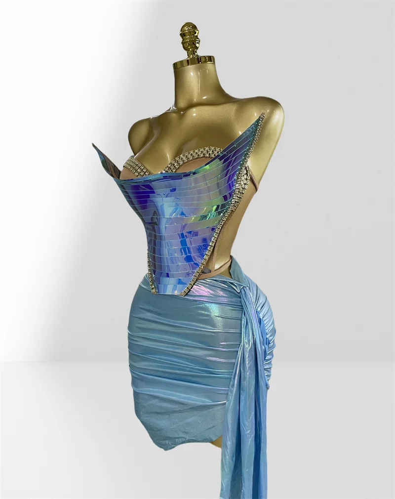 Fashionable Mirror Luxurious Rhinestone Lace -up Top And Mini Skirt Set 2 Pieces Woman Birthday Vestido Music Festival Outfit