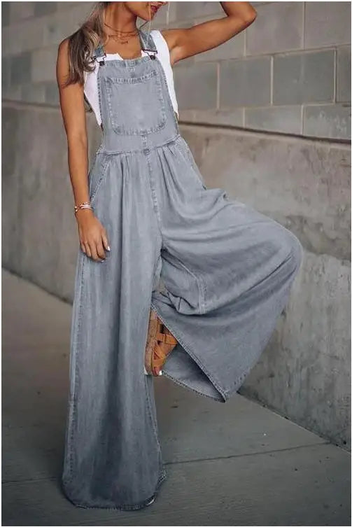 Fashion Denim Overall Women Jumpsuit with Pocket Ladies Spring Fashion Loose Jeans Rompers Female Casual Playsuit GRAY