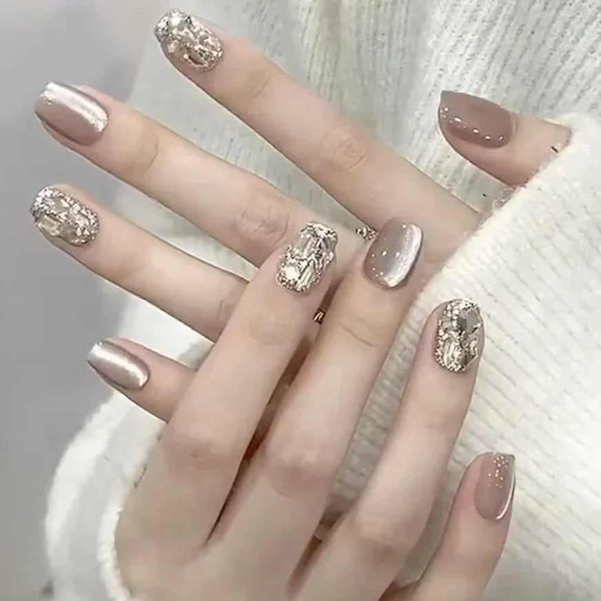 Shiny Crystal Glitter Powder Cat Eye Rhinestone Pearl Short Fake Nails Art Korean False Nails Zircon DIY Press on Nails Manicure