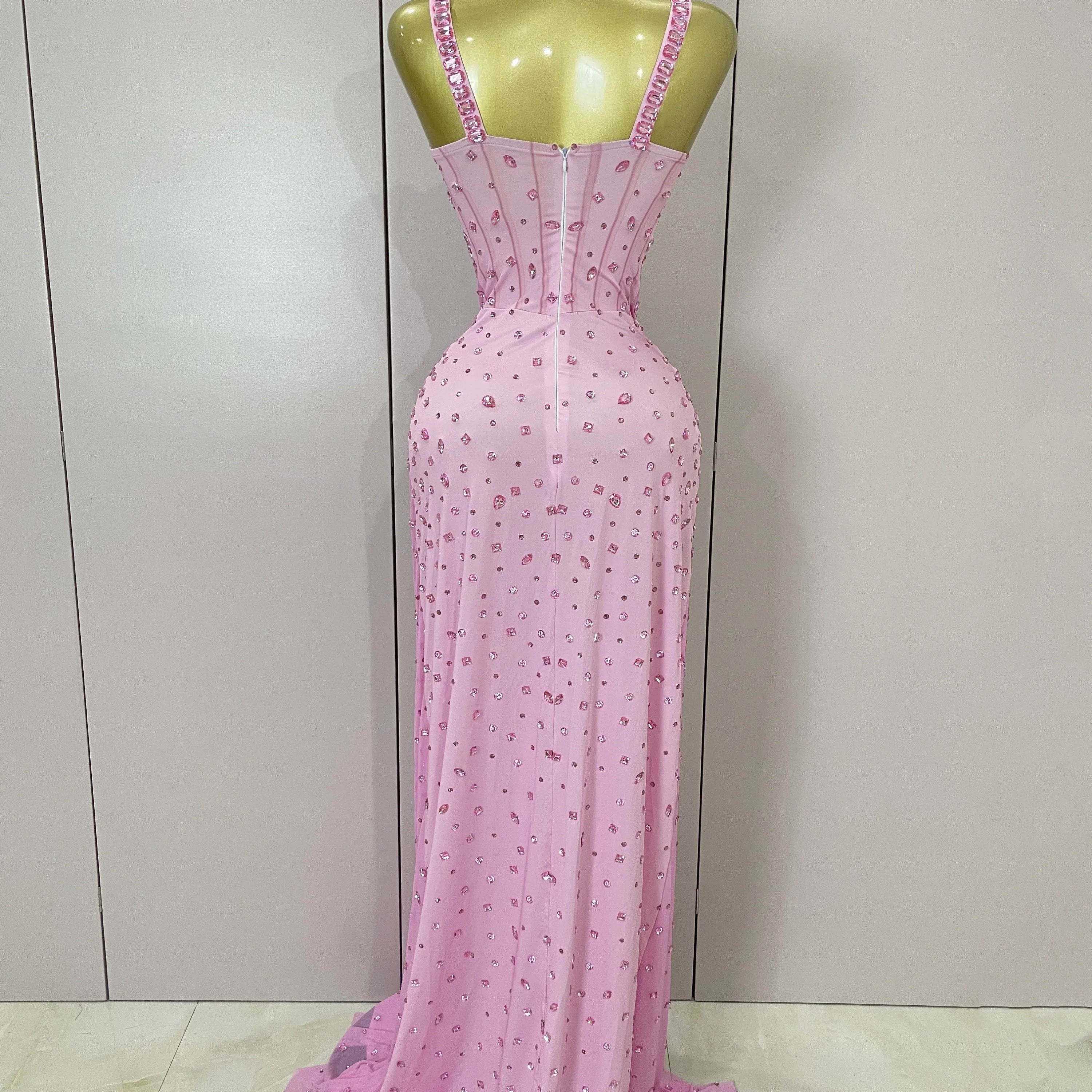 Luxury Pink Rhinestones Split Floor Length Dress 2025 Women Sexy Evening Celebrate Birthday Party Dress Photoshoot Stage Wear