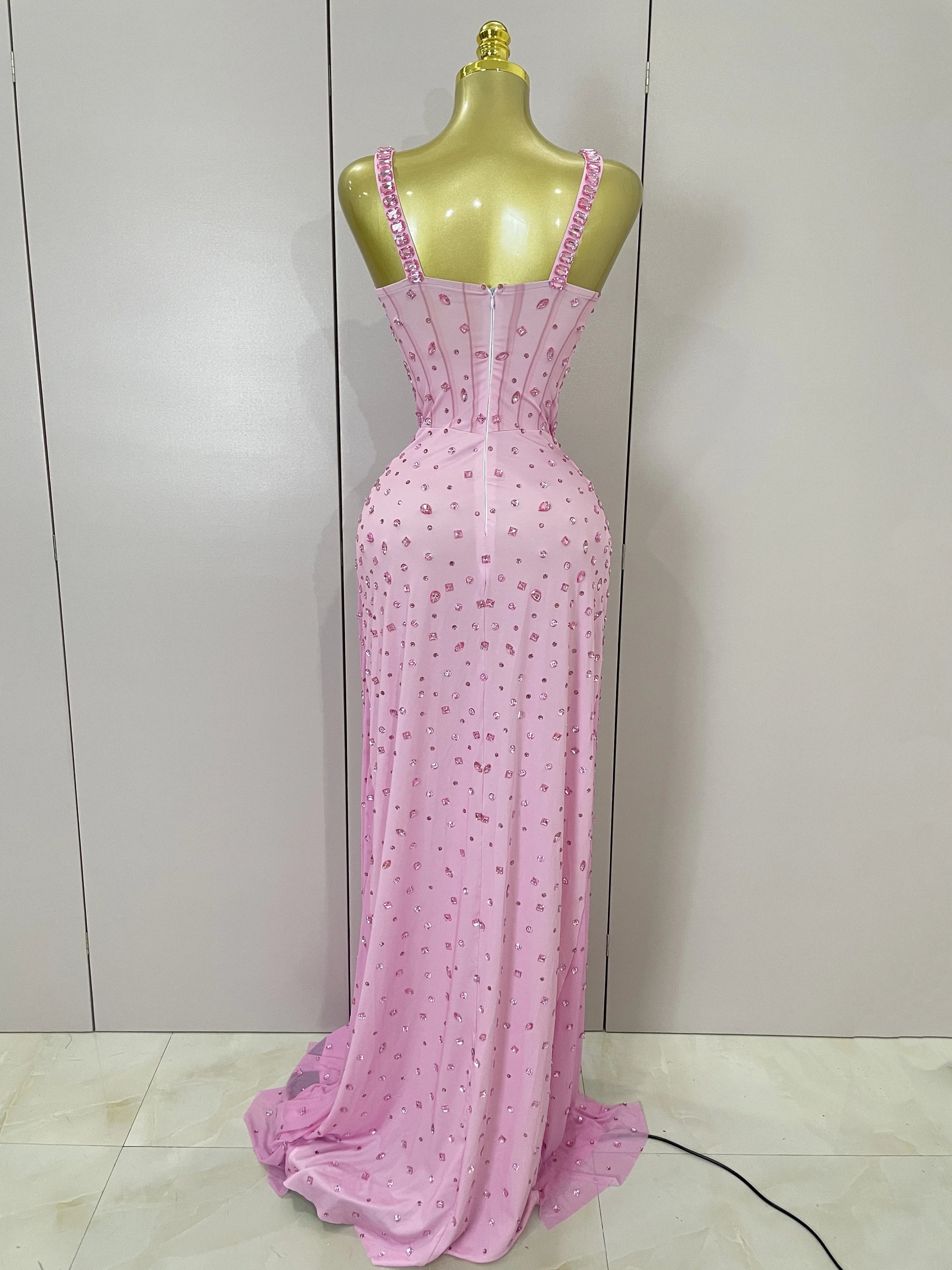 Luxury Pink Rhinestones Split Floor Length Dress 2025 Women Sexy Evening Celebrate Birthday Party Dress Photoshoot Stage Wear