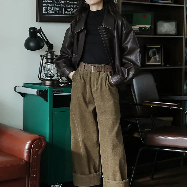 Spring Autumn Cool Handsome Short Brown Hard Pu Leather Jacket Women Zipper Long Sleeve Luxury Designer Clothes 2024