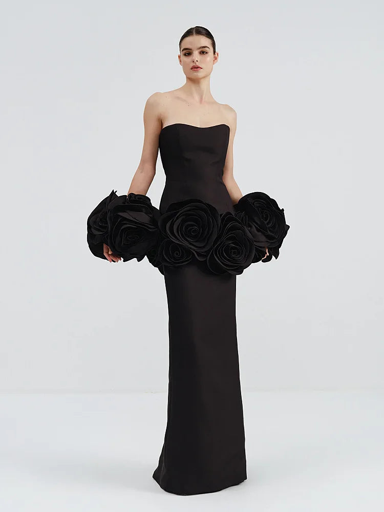 2025 Stereoscopic Flowers Strapless Bandage Ankle Length Evening Dress Fashion Woman Birthday Party Dress Celebrity Party Outfit