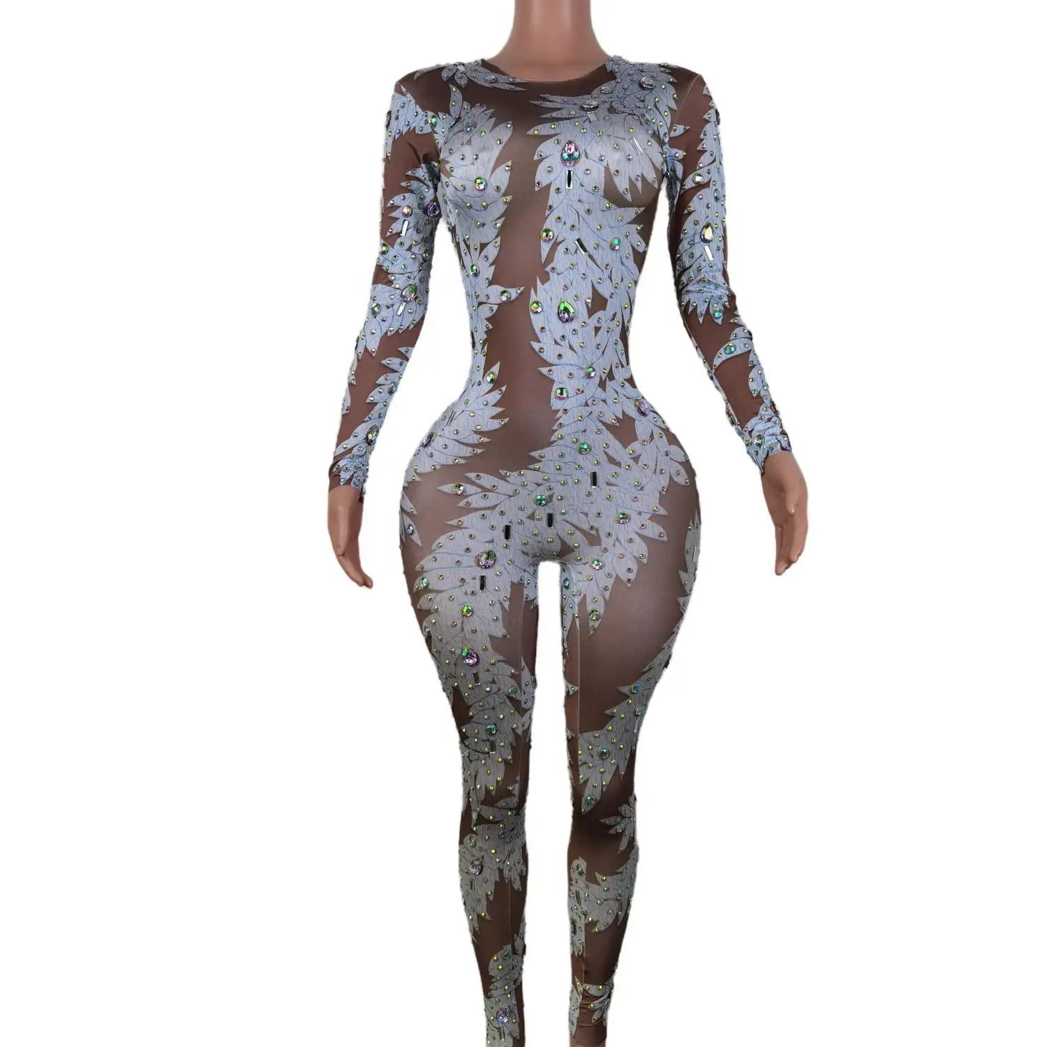 Fashion Printed Acrobatics Leotard Nightclub Pole Dance Clothes Stones Rave Outfit Festival Women Jumpsuit Stage Costume Baiyezi WHITE
