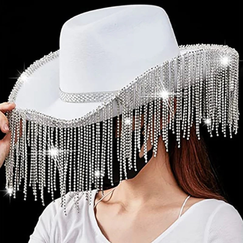 Rhinestones Cowgirl Hats Glitter Rave Cow Girl Hat with Rhinestones Fringe Adult Size Cowboy Hat for Party 3 Color