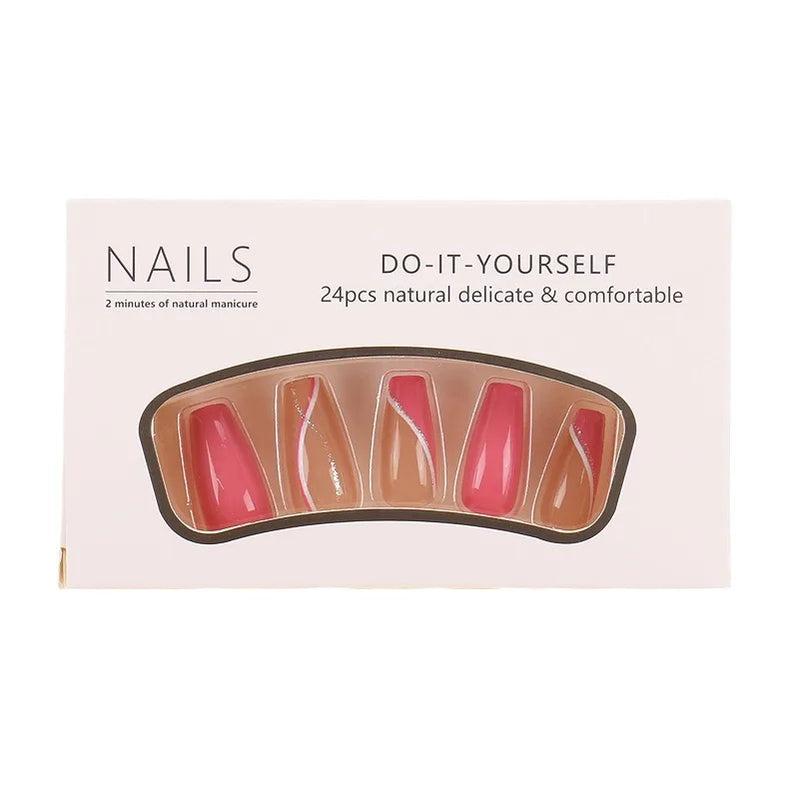 24pcs Rose Red Silver Powder Stripes Almond French Style Press on Nails Pink 3D Fake Nails Full Cover Wearable False Nails