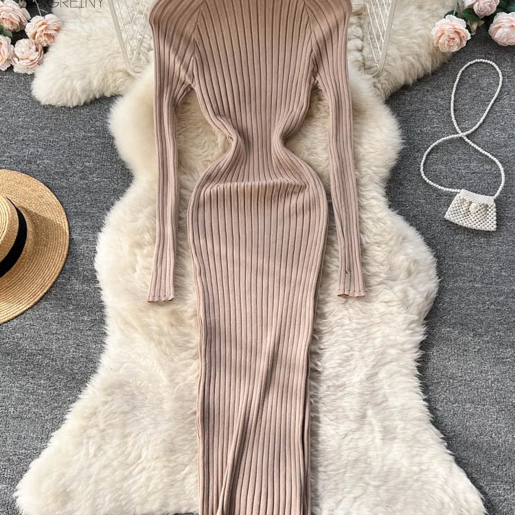 Winter Women Knit Maxi Dress O Neck Autumn Long Sleeve Slim Solid Harajuku Ladies Fashion Pencil Sweater Long Dresses