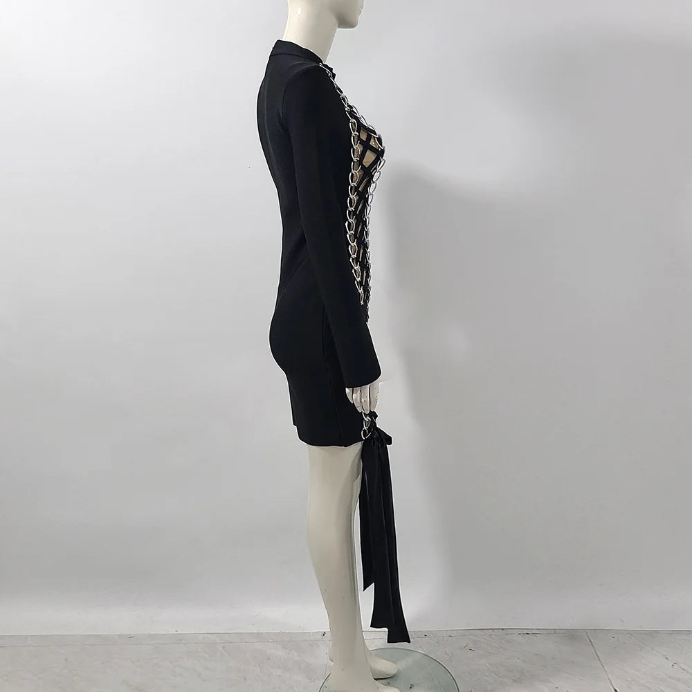 High Quality Women Long Sleeve Sexy Laced-up Bodycon Mini Bandage Dress Fashion Celebrate Nightclub Party Cocktail Outfit