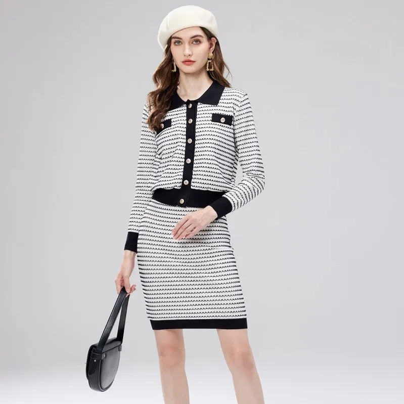 High End Knitted Two-Piece Women'S Autumn And Winter Small Collar Cardigan Jacket Paired With High Waisted Hip Hugging Skirt WHITE One Size