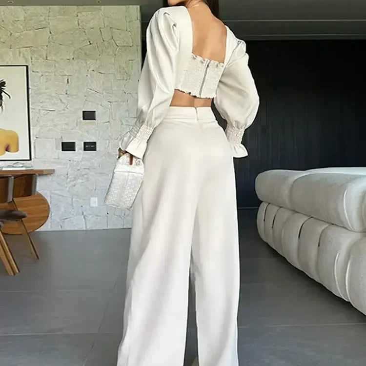 Sexy Flare Sleeve Blouse & Trouser Set Women Chic V Neck Backless Crop Top High Waist Wide Leg Pants Suit Spring Outfits