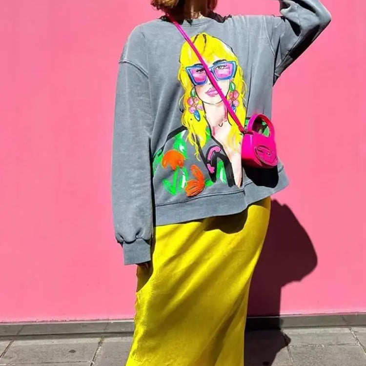 Cartoon Contrast Printed Sweatshirts Women Loose O-neck Long Sleeve Pullovers Female Autumn Fashion Casual Ladies Top