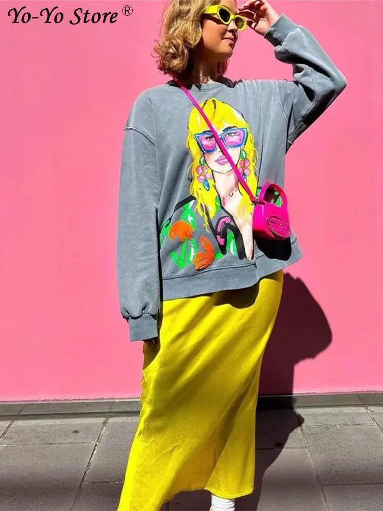 Cartoon Contrast Printed Sweatshirts Women Loose O-neck Long Sleeve Pullovers Female Autumn Fashion Casual Ladies Top