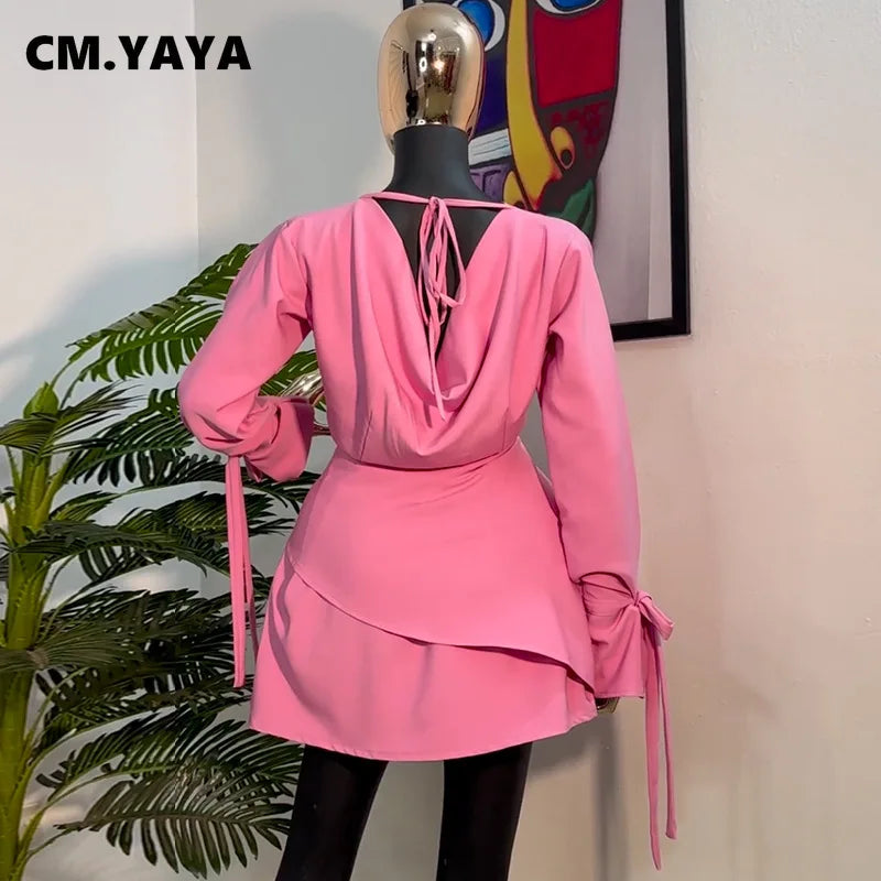 CM.YAYA Women Tie Up Bow Long Sleeve O-neck Mini Dress 2025 Birthday Holiday Sexy Club Party Evening High Street A-Line Dresses