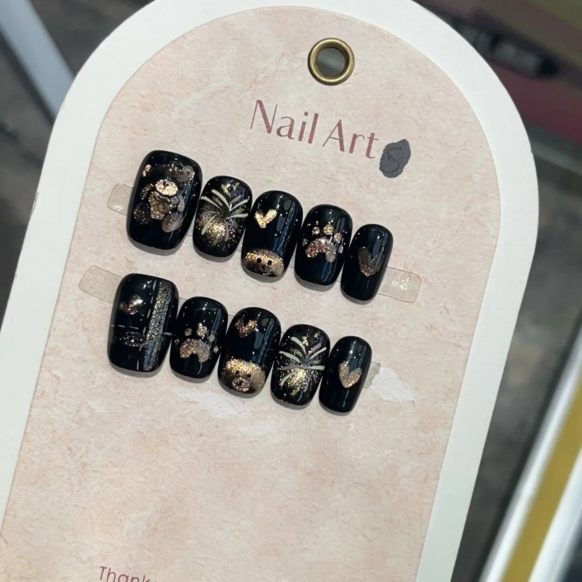 10Pcs Cute Sweet Teddy Bear Handmade Fake Nail Press Ons Sparkling Gel Nails with Glue Cartoon Nail Design Ombre False Nail Tips