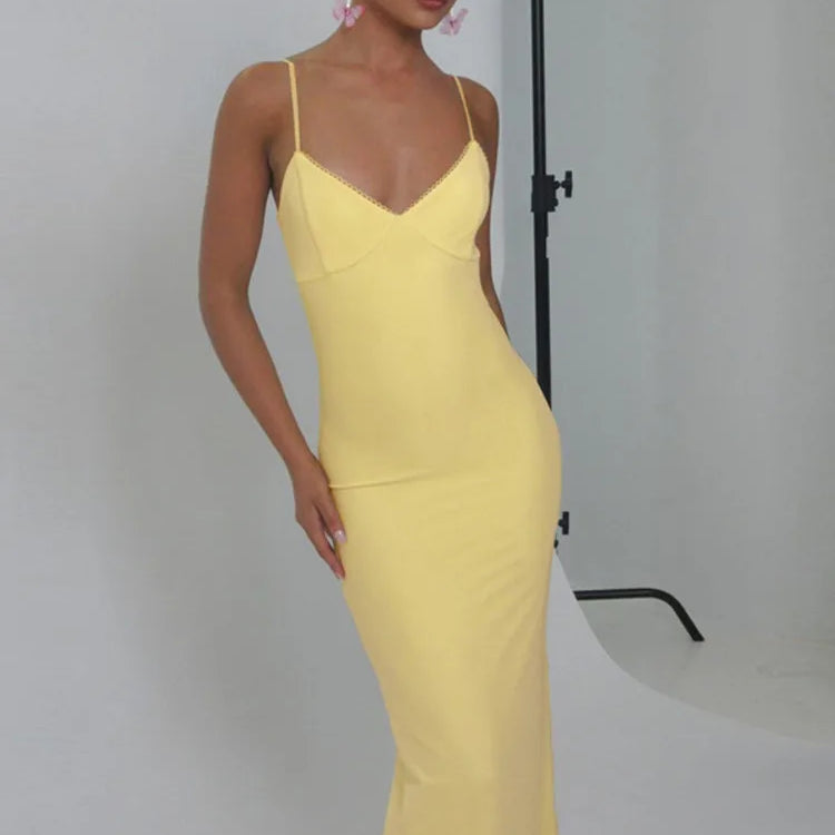 Spaghetti Strap Backless Sexy Maxi Dress For Women Gown Summer Yellow Sleeveless Bodycon Long Dress Vestido