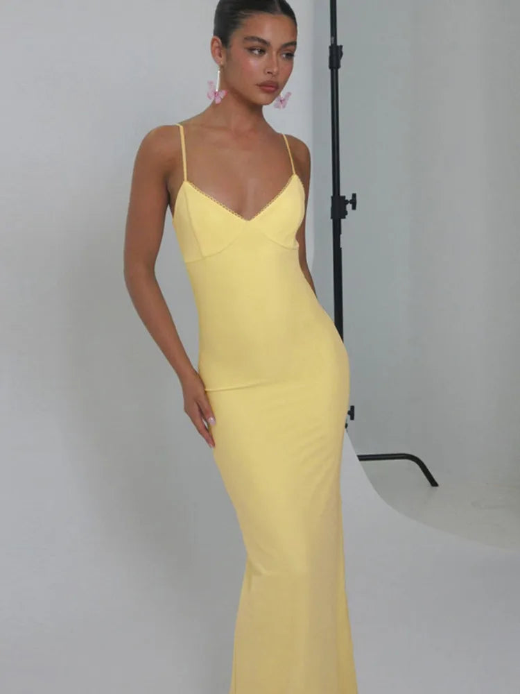 Spaghetti Strap Backless Sexy Maxi Dress For Women Gown Summer Yellow Sleeveless Bodycon Long Dress Vestido