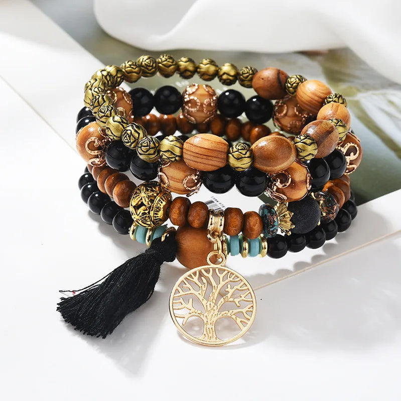 Bohemian Bracelet Creative Ladies Tree of Life Jewelry Tassel Multi-layer Wooden Beaded Ethnic Style Fashion Women Bracelets YA7314-3