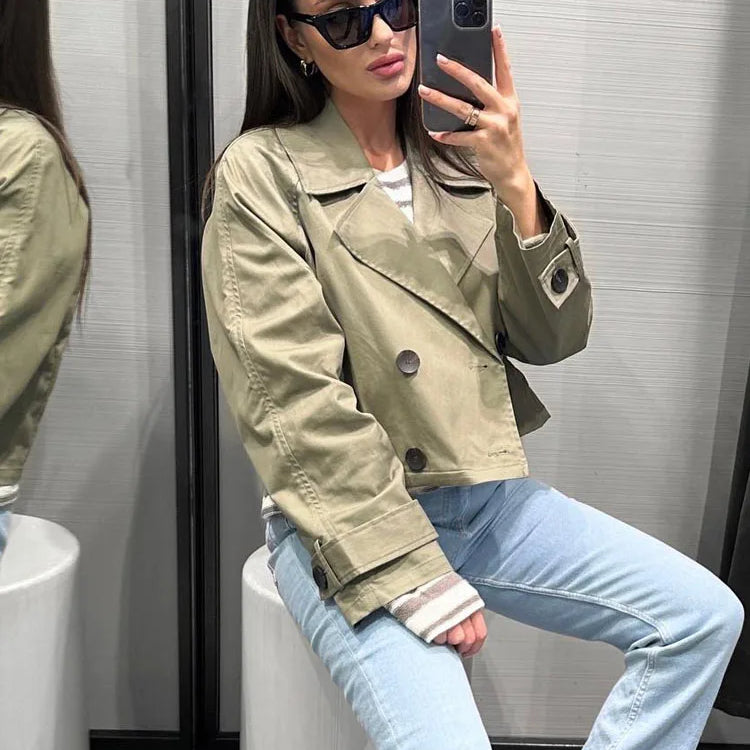 Autumn Short Windbreaker Women's Jacket TRAF Elegant Loose Retro Double-Breasted Windproof Lady Long-Sleeved Jacket