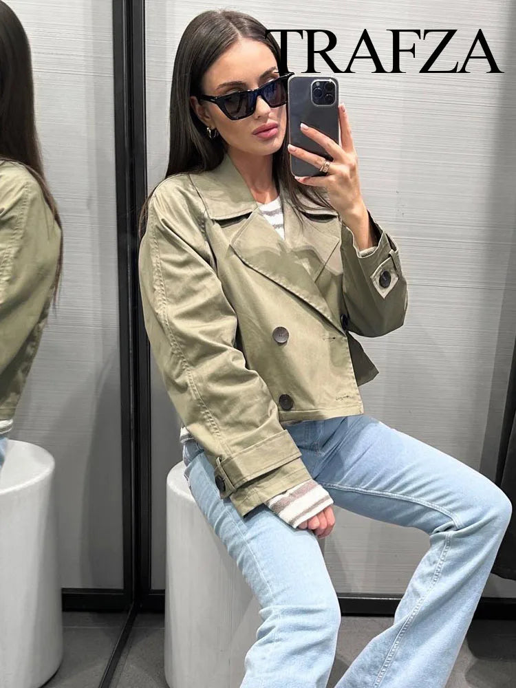 Autumn Short Windbreaker Women's Jacket TRAF Elegant Loose Retro Double-Breasted Windproof Lady Long-Sleeved Jacket