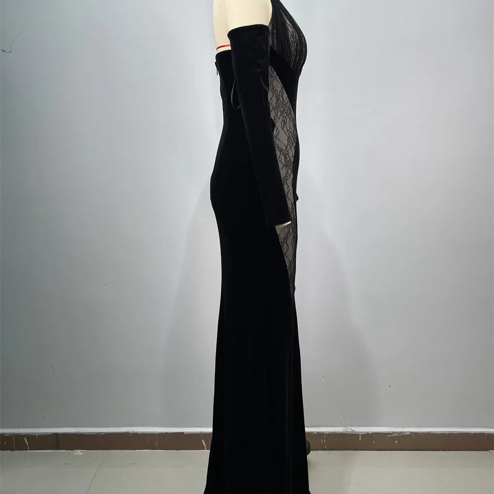 Black Lace Patchwork Velvet Halter　Floor Length Dress Celebrity Party Dress Birthday Vestido