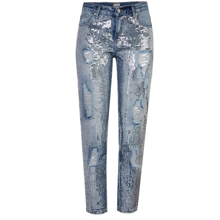 Sequin Ripped Jeans For Women Bottom Streetwear Hole Zipper Fringe Ripped Jeans Pants Women's Denim Trousers Loose Female Blue