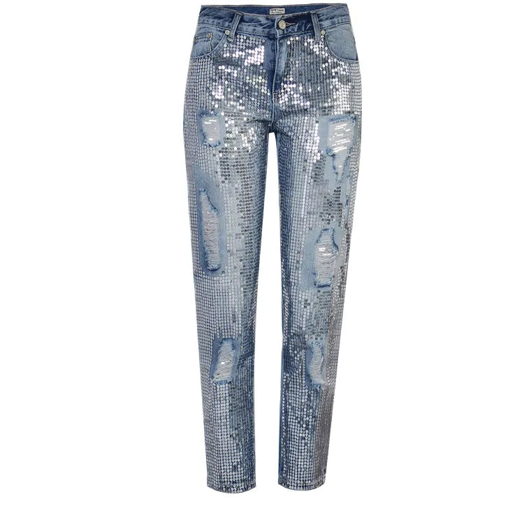 Sequin Ripped Jeans For Women Bottom Streetwear Hole Zipper Fringe Ripped Jeans Pants Women's Denim Trousers Loose Female Blue