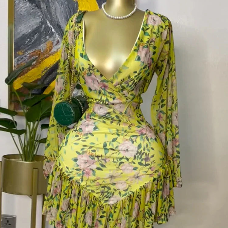 CM.YAYA Women Floral Printed Long Sleeve V-neck Ruffles Mini Dress 2025 Beach Evening Sexy Beach Party Birthday Street Dresses