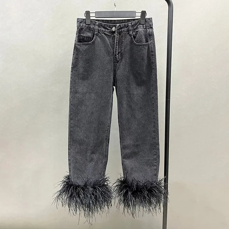 Women's Feather Cuffs Danim Blazer Suit Streetwear Two Piece Set Outfits Lady Suit New Spring Female Pants Set S5469 Pants