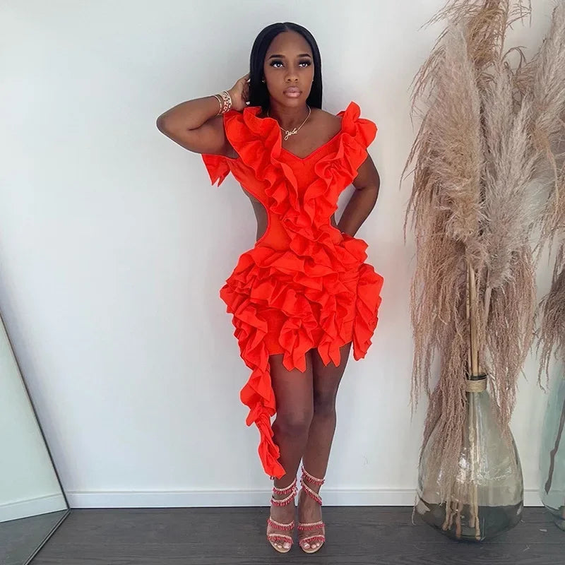 Ladies Autumn Sleeveless V-Neck Backless Sexy Birthday Party Mini Dresses For Women Ruffle New Fashion Clubwear Y2K Baddie Dress Orange