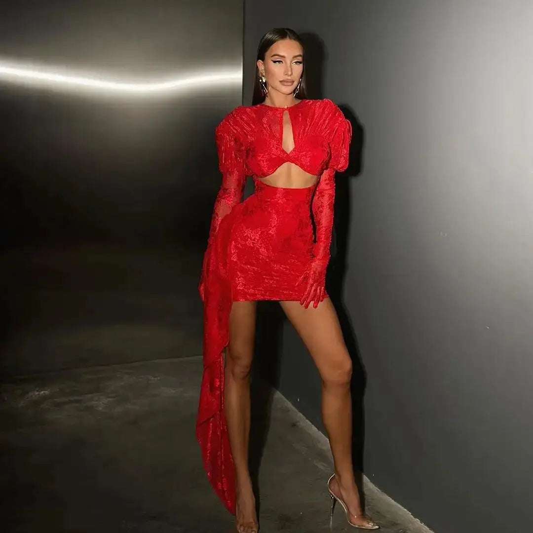 2024 New Sexy Hollow Out Long Hemline Lace Evening Dress Fashion Woman Birthday Party Vestido Celebrity Evening Party Outfit