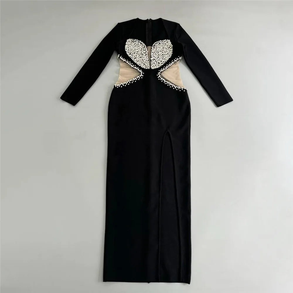 Elegant Evening Party Dress Black Color Women Long Sleeve Shinning Rhinestones Bodycon Long Bandage Dress Cocktail Party Outfit