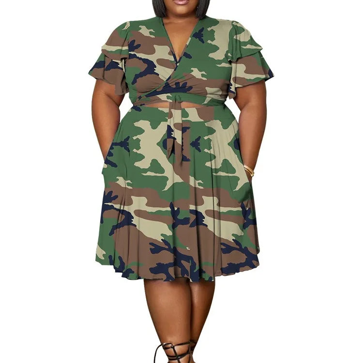 Wmstar Plus Size Shorts Sets Casual V Neck  Crop Top and Short Skirts Two Piece Women Matching Outfits Wholesale Dropshipping