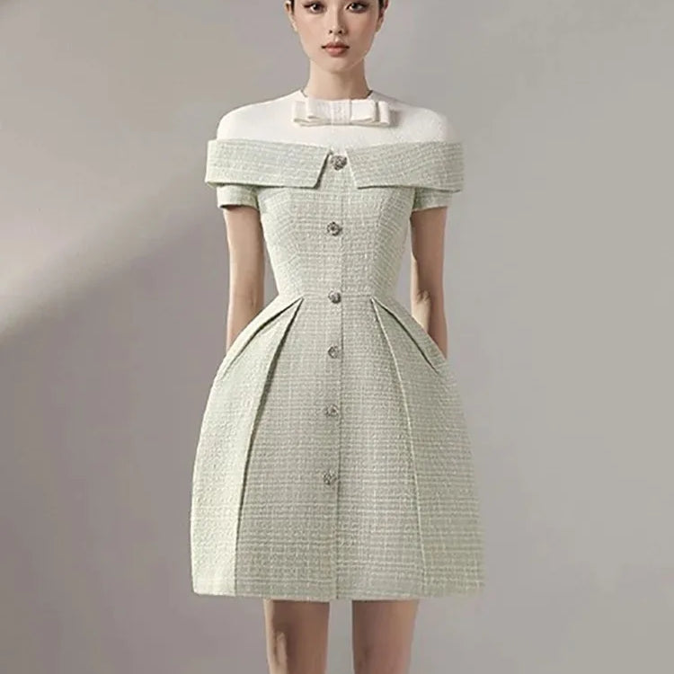 DEAT Women's Patchwork Tweed Dress Fashion Contrast Color Single Breasted High Waist Elegant Dresses Female New 13DB3854