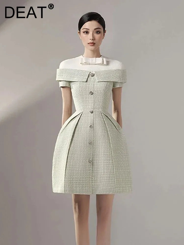 DEAT Women's Patchwork Tweed Dress Fashion Contrast Color Single Breasted High Waist Elegant Dresses Female New 13DB3854