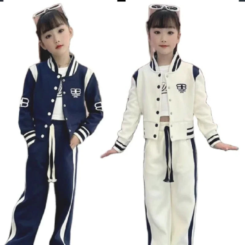 Autumn Winter Kid Girls Clothing Baseball Jersey Sports Suit Kids Clothes Girl Letter Coat Long Trousers 2 Piece Set 3-13 Years