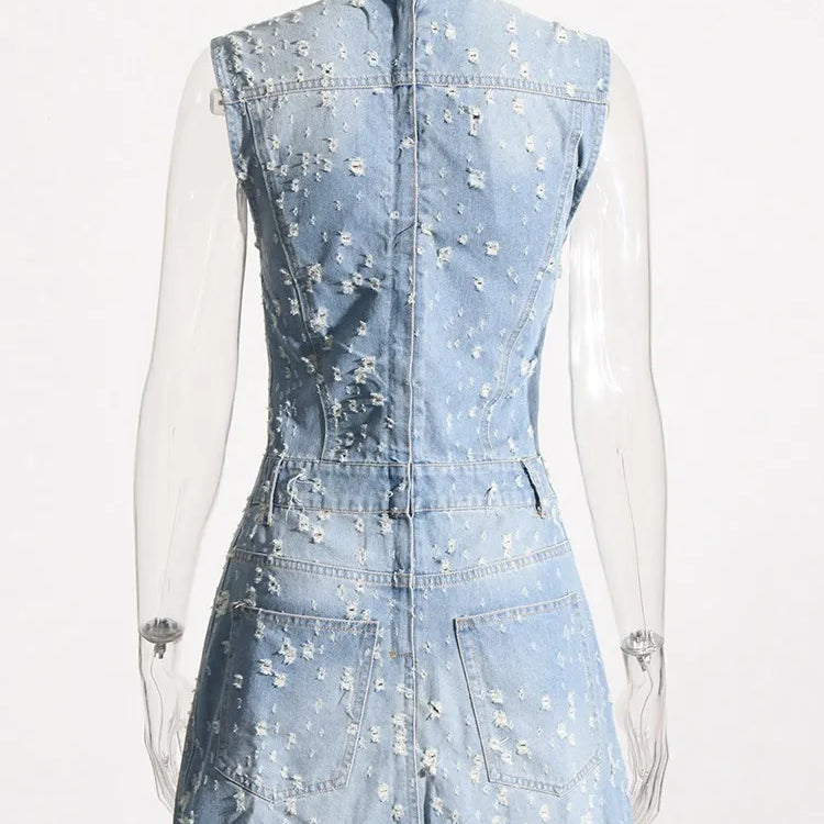 TWOTWINSTYLE Denim Hollow Out Dresses For Women Round Neck Sleeveless Tunic Patchwork Pockets Vintage Dress Female Fashion Style